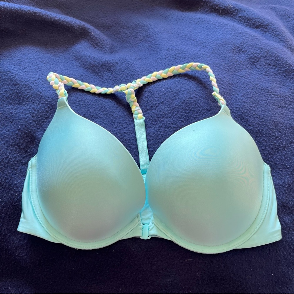 Victoria’s Secret Push Up Bra Front Close Racerback Braided Straps Blue 34D